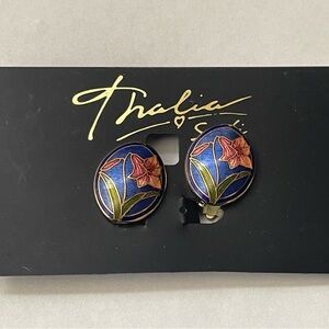 Thalia Sodi Blue and Red Floral cloissone enamel clip-on earrings